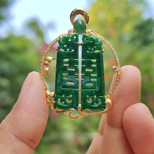 Double Happiness 18k Gold Setting Pendant with Diamonds and 1 green cabochon Natural Type A Jadeite with NGI Gemstone report weight 6.51 grams , 29.67 * 19.88 * 2.73 mm , Translucent Green fine grain crystal aggregate 18k gold Tested using X-ray (18kp9)