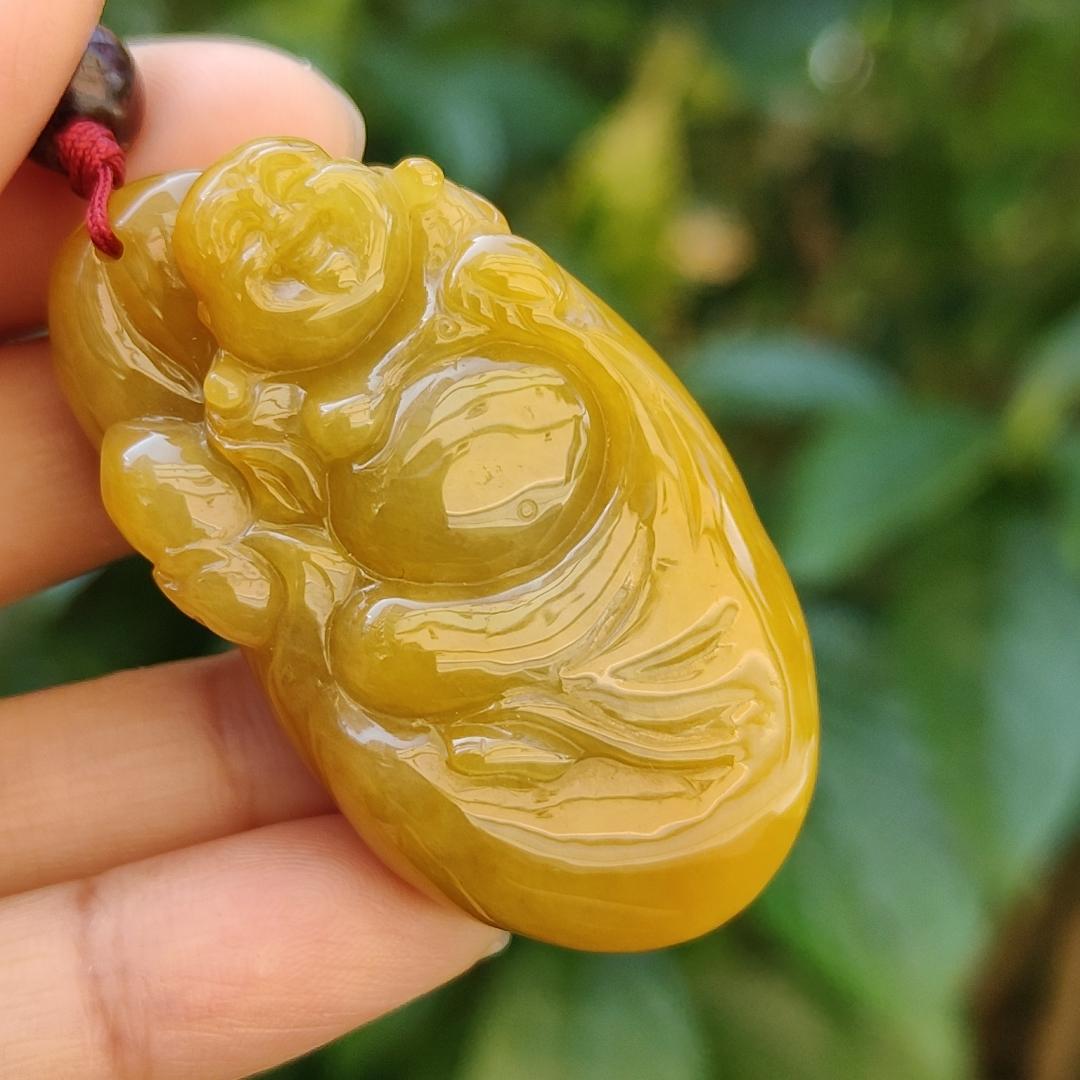 Full Yellow Old Mine Natural Type A Jadeite pendant carved with Laughing Buddha represents Tolerance and wisdom, humor, happy spirit, come with certificate weight 35.13 grams, 49.30 * 27.90 * 14.30 mm, suitable for daily wear on all occasions (pendant96)