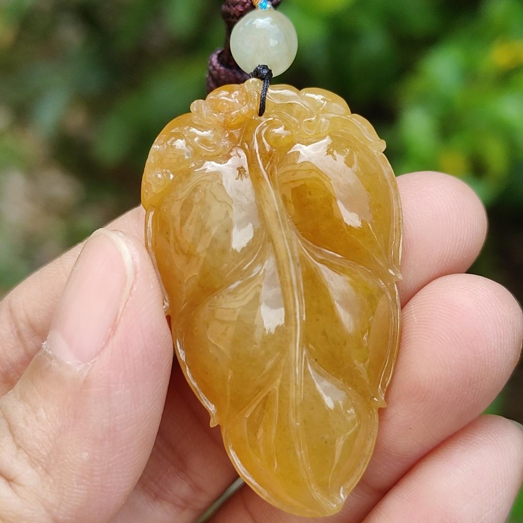 Very fine and old full Yellow Natural Type A Jadeite Pendant carved as a leave and a Mythical Beast on it with certificate weight 16.02 grams, 44 * 26 * 10 mm meaning Good luck and auspiciousness (pendant107)