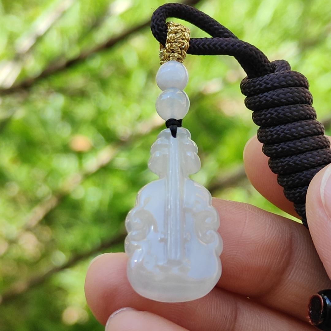 Super Rare Pure White Semi Icy Natural Type A Jadeite Jade crafted as Violin Pendant, certificate weighs 3.92 grams, measurement 27.7 * 15 * 5.3 mm (pendant256)