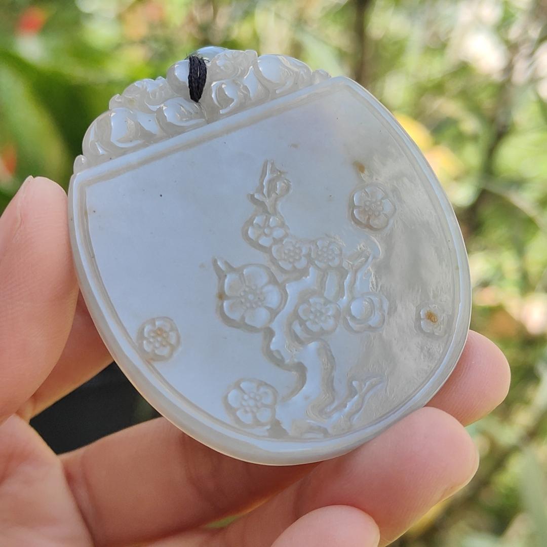 Crafted with Plum Blossoms and Deer Natural Type A Jadeite Pendant Necklace with certificate included weigh 34.14 grams, 54.3 * 47.5 * 5.6 mm,symbols of Good fortune, beauty and happiness (pendant105)