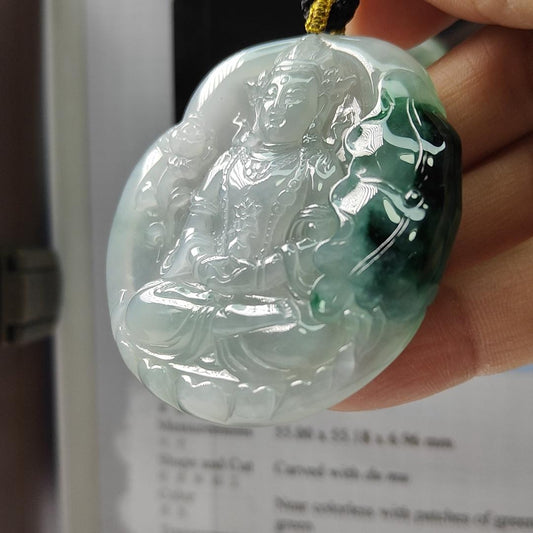 Very Rare Old Mine Myanmar Natural Type A Jadeite Pendant carved as Du Mu with a weigh at 181.11 grams , measurements at 55 * 55.158 * 6.96 mm - Translucent near colorless with patches of green and deep green with good translucency (pendant153)