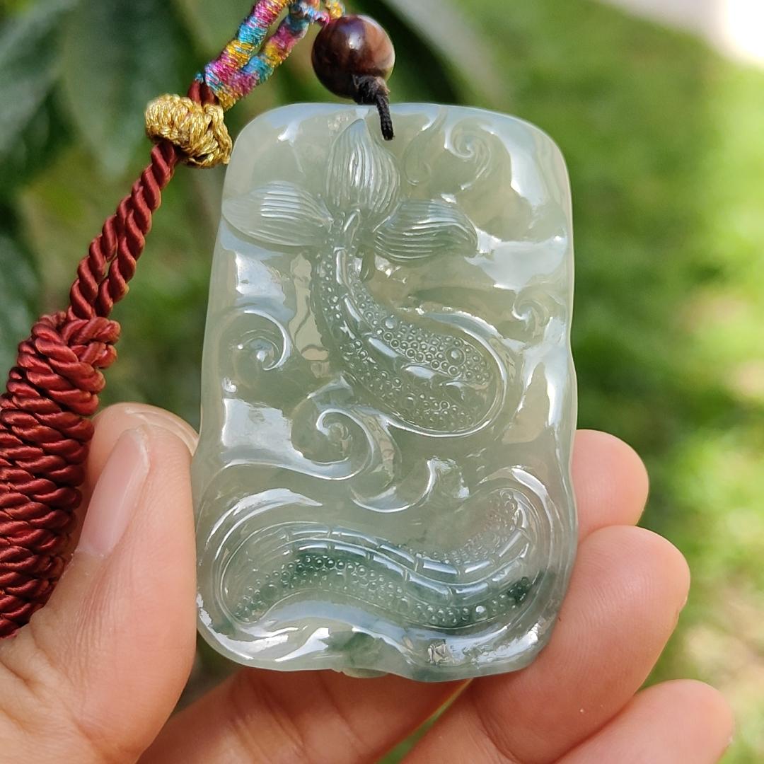 Premium Full Green with Green patches Rare Natural Type A Jadeite Jade Pendant Necklace Crafted as Dragon with certificate weigh 40.07 grams, 53.6 * 36 * 12.3 mm (pendant168)