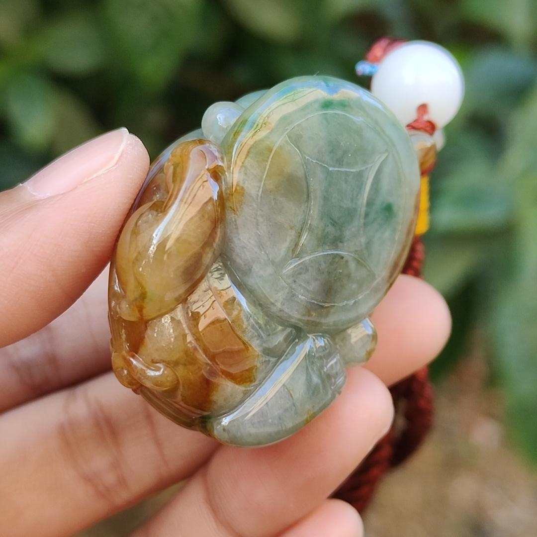 Super Rare Green and Brown Natural Type A Jadeite Jade crafted with Vermilion bird as pendant with certificate weigh 59.21 grams, measurement 45.8 * 32 * 27.3 mm (pendant231)