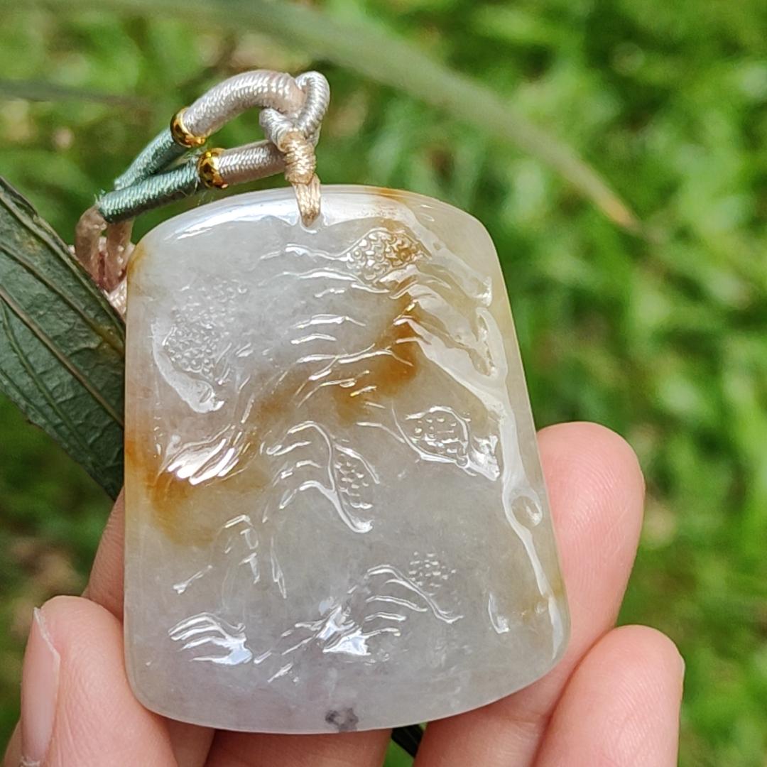 Yellow and White Semi Icy Natural Type A Jadeite Pendant Necklace crafted with nine tail fox symbols of Love, Charisma, and Good Luck, GIC Labs approved certificate included weigh 32.9 grams, 44 * 36 * 9 mm, suitable for daily wear