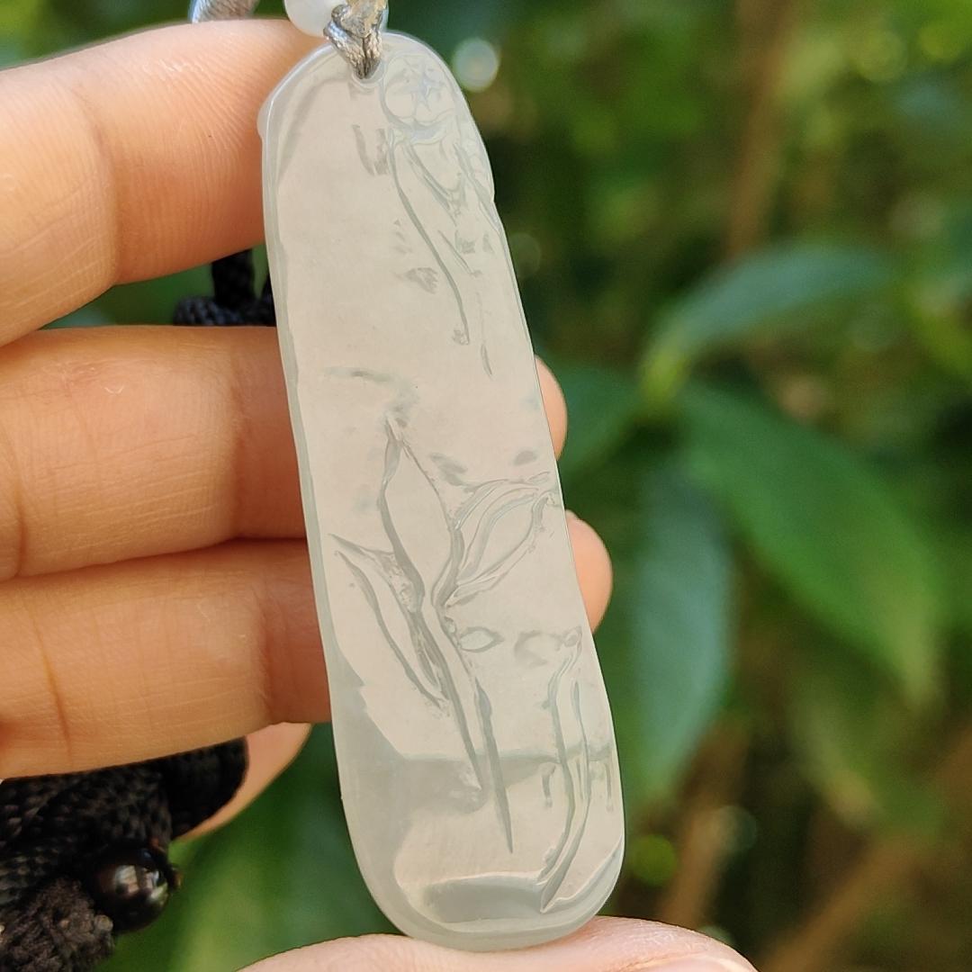 Semi Translucent Icy Natural Type A Jadeite Pendant carved with faceless buddha and lotus meaning Compassion and Wisdom , QIC labs approved certificate included weight 16.56 grams, 55.50 * 16.10 * 8.80 mm, very suitable for daily wear (pendant95)