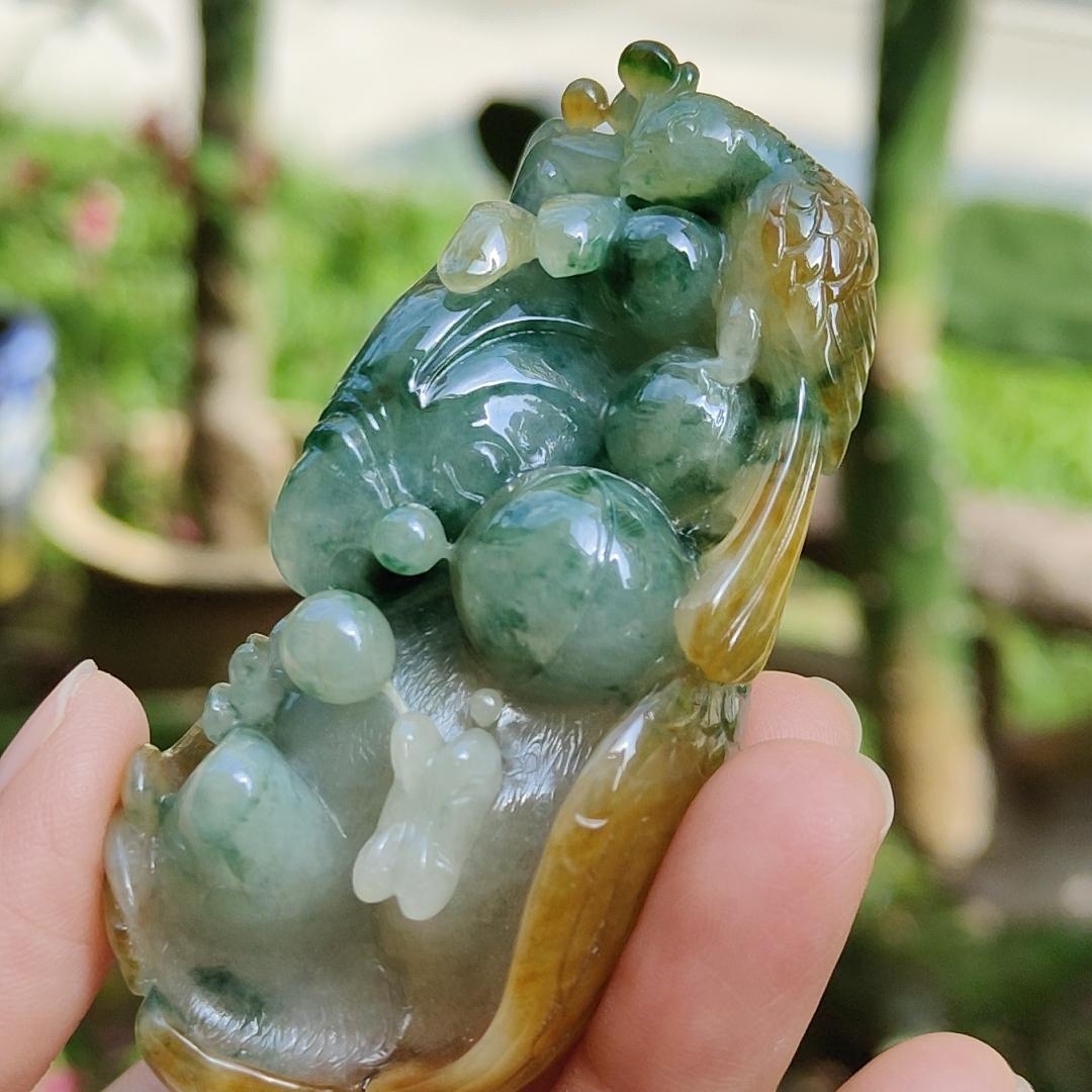 Super Rare Multi Tones Collectible Natural Type A Jadeite Jade crafted with Parrot for Handheld, certificate weighs 121.86 grams, measurement 76 * 42.5 * 34.3 mm (hand7)