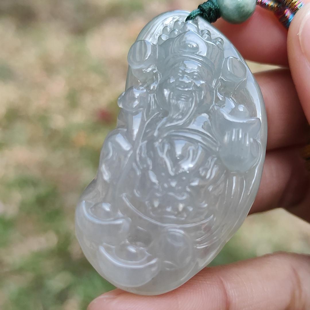 High Quality Icy Translucent Natural Type A Jadeite Jade crafted with God of Fortune as Pendant, certificate weighs 24.19 grams, measurement 48.8 * 27.3 * 10 mm (pendant274)