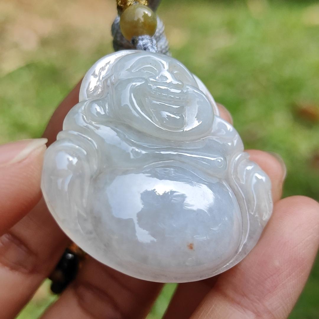 Quality Semi Translucent Natural Type A Jadeite Jade crafted as Milo Buddha as Pendant, certificate weighs 12.57 grams, measurement 37.5 * 38.9 * 6.3 mm (pendant275)