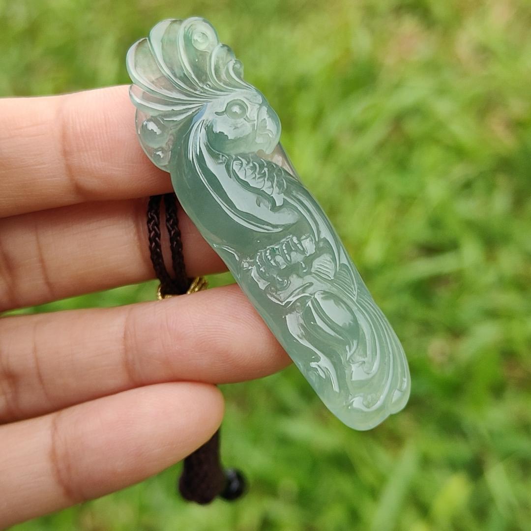 Semi Icy Good Translucency Green Natural Type A Jadeite Pendant Necklace crafted as the parrot, symbols of Wise and brave, heroic and mighty, with certificate weigh 10.82 grams, 57.8 * 16.3 * 7.1 mm (pendant24)