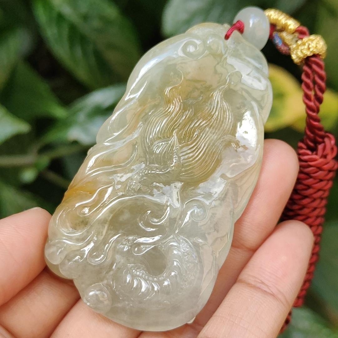 Premium Quality Yellow Natural Type A Jadeite Jade crafted with Dragon as Pendant, certificate weighs 53.72 grams, measurement 67.3 * 37.5 * 12.9 mm (pendant240)