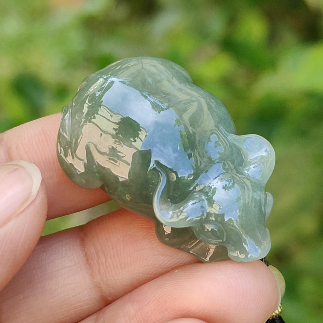 Oil Green Natural Type A Jadeite Pendant carved as water buffalo representing Hardworking and Simple, Unstoppable, Strong and Healthy and Turn the Tide, certificate include weighs 14.56 grams, 34.6 * 23.6 * 11.5 mm, suitable for daily wear (pendant80)