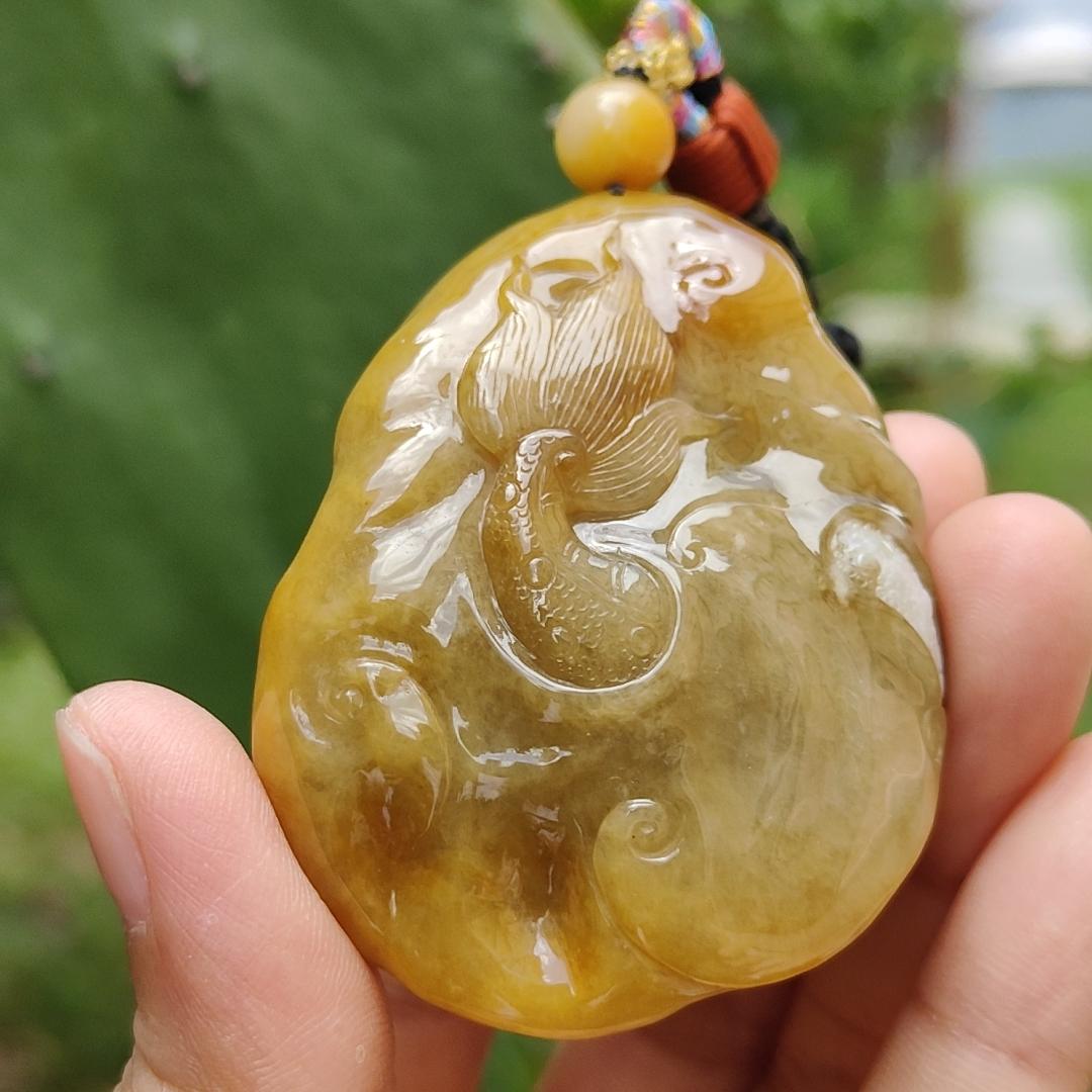 Rare Premium Quality Yellow with Redish and White Natural Type A Jadeite Jade crafted with Dragon as Pendant, for the collectors version, Certificate weigh 75.98 grams, measurement 56 * 42.20 * 23.30 mm (pendant215)