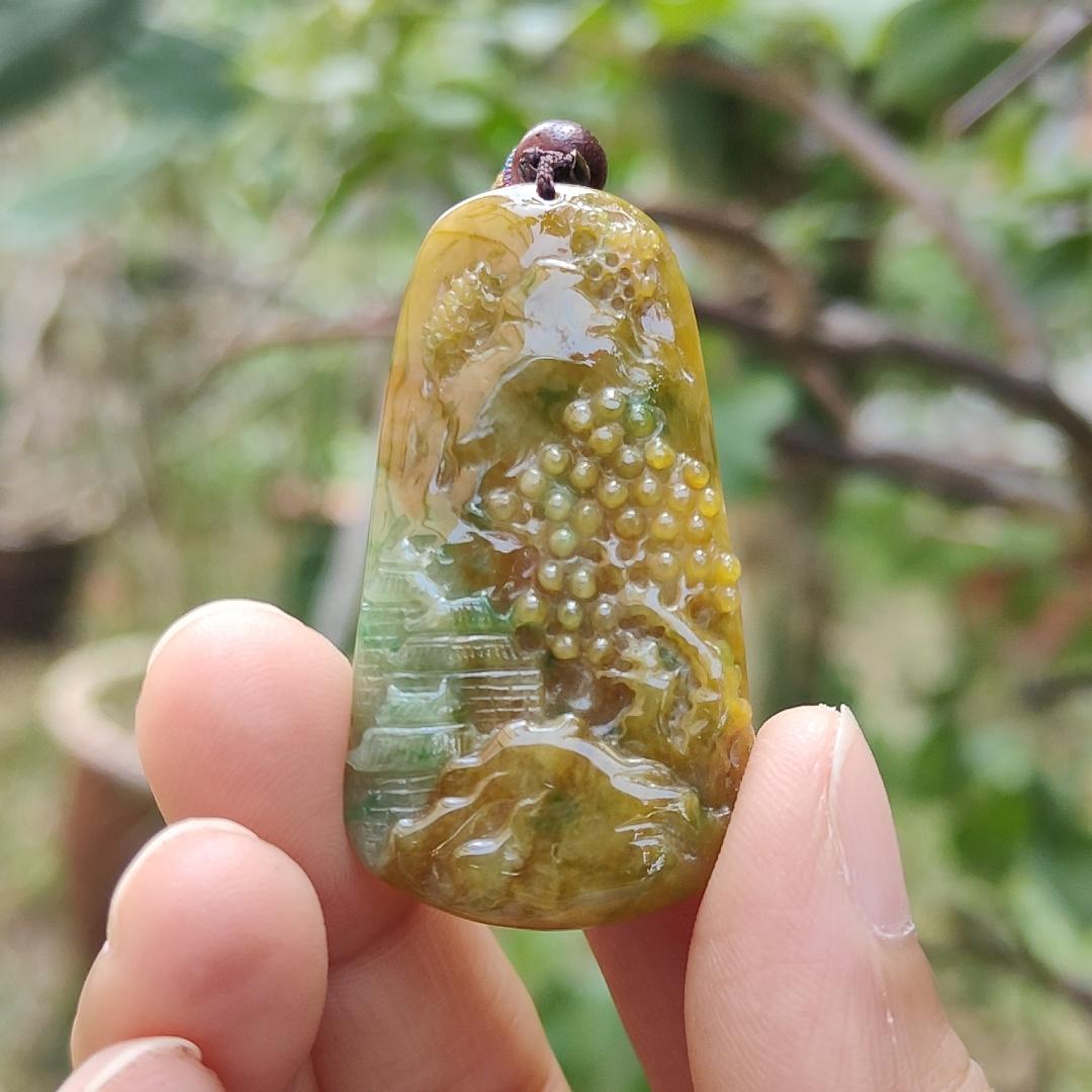 Rare quality Yellow with reddish brown and green Natural Type A Jadeite Jade crafted with sceneries as pendant, certificate weigh 11.38 grams, measurement 45.6 * 24.3 * 5.2 mm (pendant216)