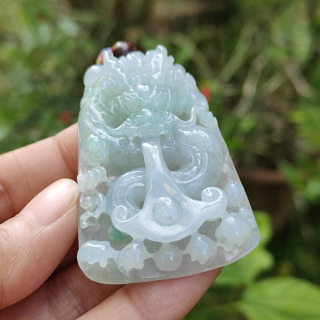 Light Green and White Natural Type A Jadeite Pendant Necklace crafted as Domineering dragon water absorbing pendant, symbols of Rise to prominence, certificate included weigh 43.48 grams, 56.5 * 36.8 * 13.4 mm, suitable for daily wear (pendant37)