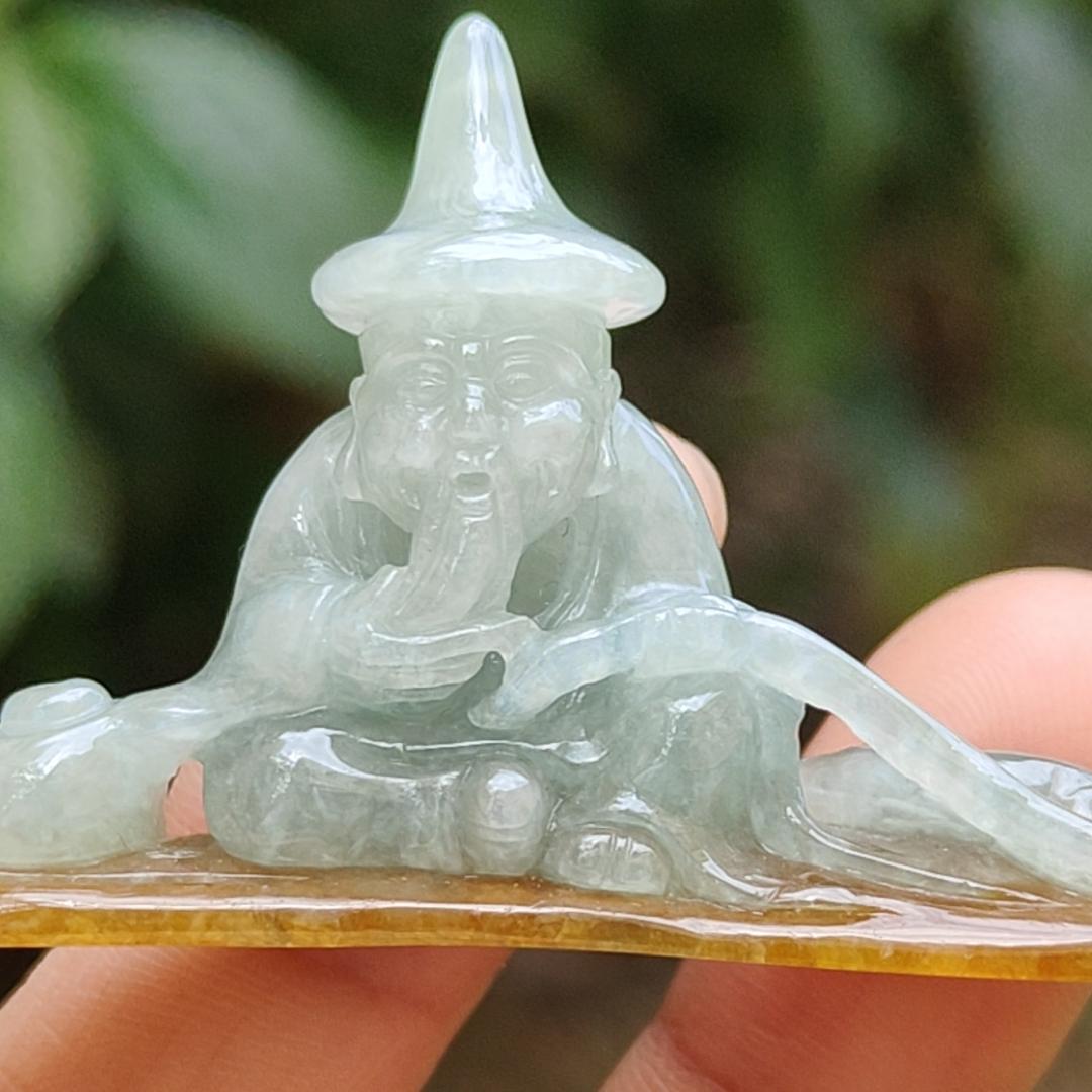 Light Green with Yellow Natural Type A Jadeite Jade crafted with Old Men Fishing as Display, certificate weighs 17.06 grams, measurement 65.2 * 32.8 * 12 (display1)