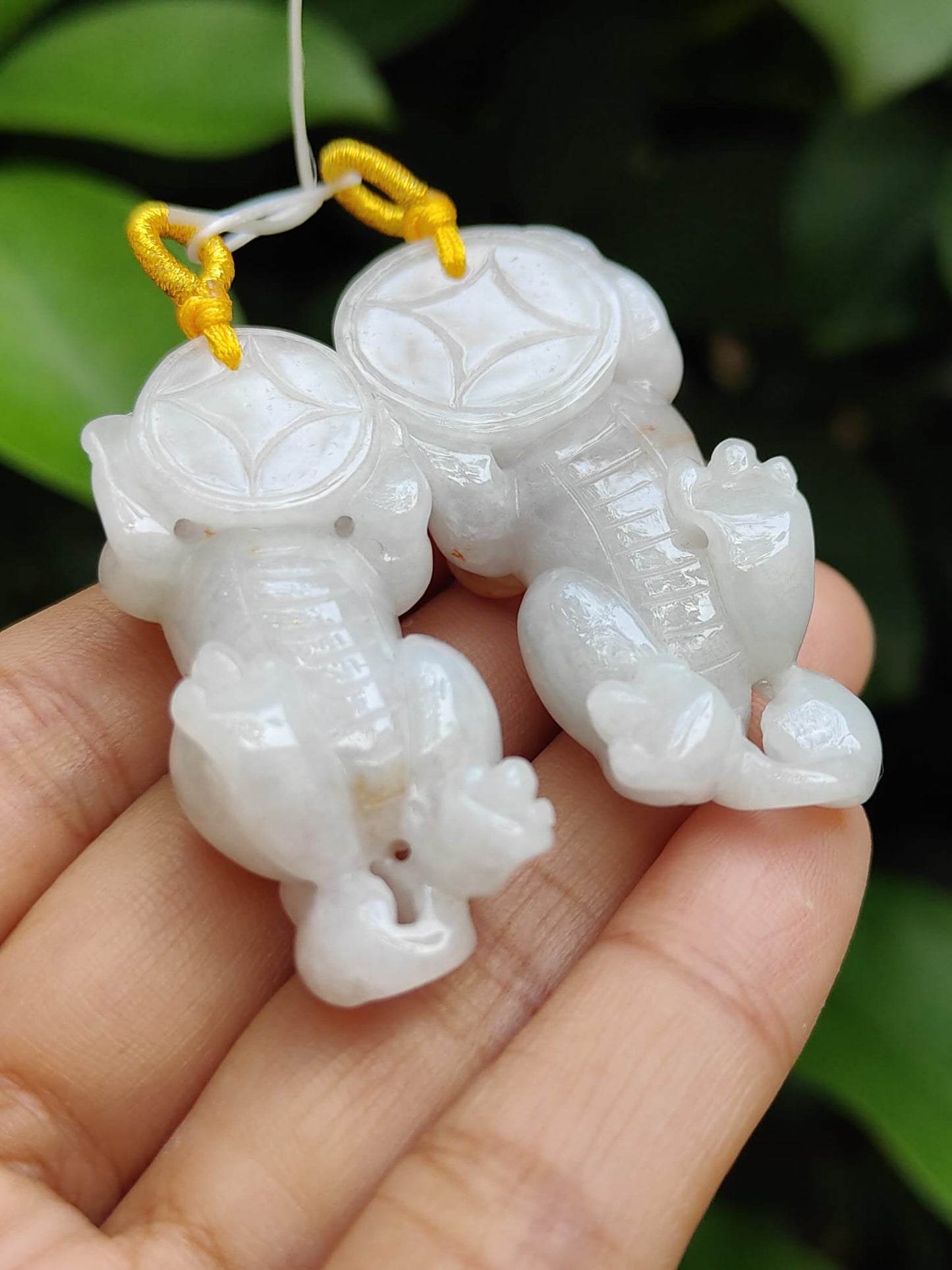 Sales - High Quality Pair of White, Yellow Natural Type A Jadeite Jade crafted as Pixiu for Pendant, certificate weighs 24.25 / 19.87 grams, measurements 50 * 21.3 * 14.1 / 47 * 20.6 * 13.6 mm (pendant292)