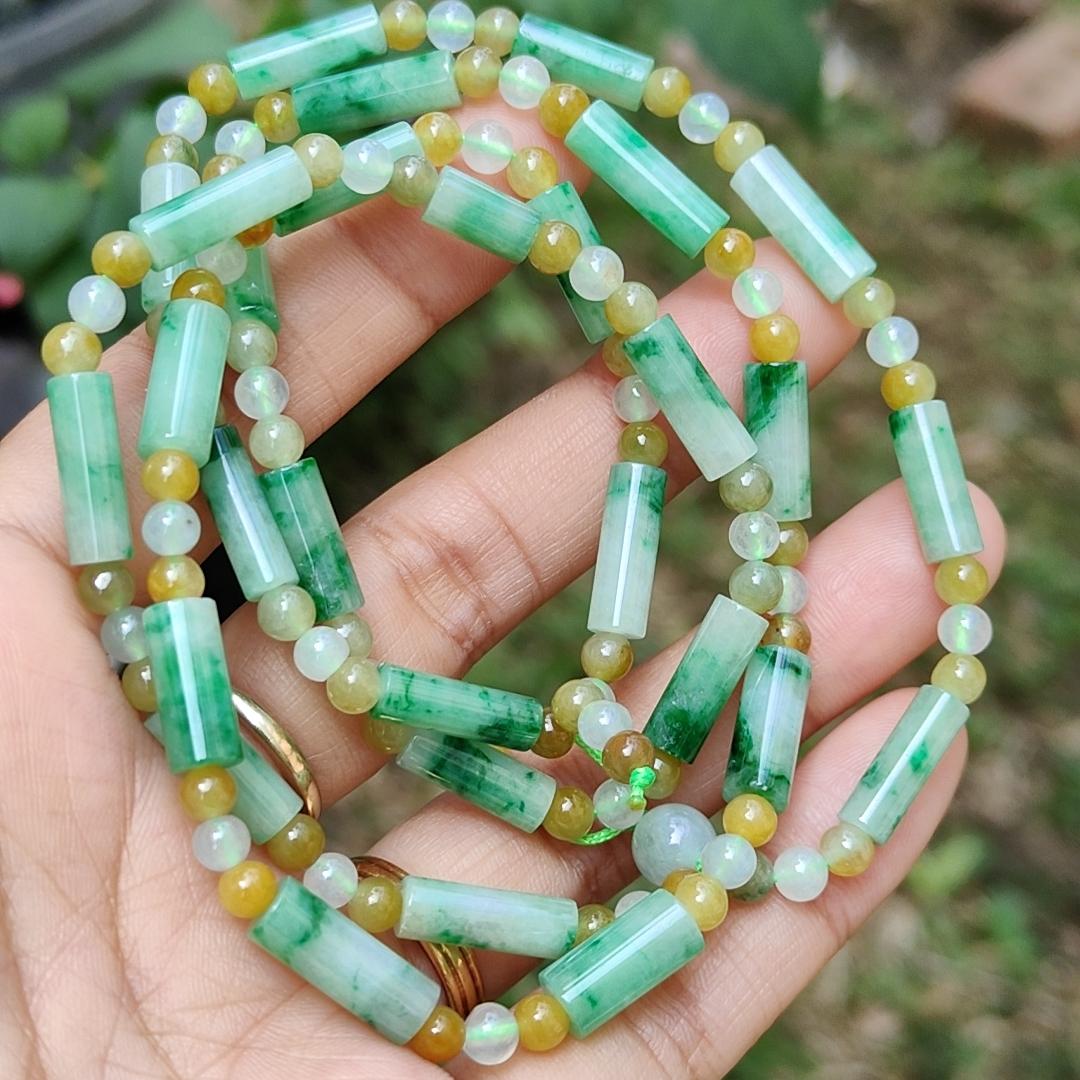 Green, Yellow, Semi Icy White Mix Beads Natural Type A Jadeite Jade as Bracelet or Necklace for your pendant with certificate weigh 31.94 grams. (bracelet18)