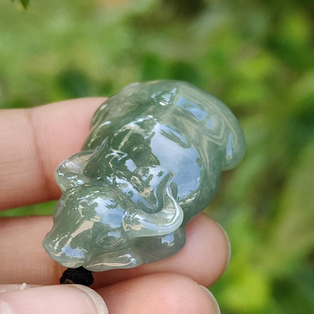 Oil Green Natural Type A Jadeite Pendant carved as water buffalo representing Hardworking and Simple, Unstoppable, Strong and Healthy and Turn the Tide, certificate include weighs 14.56 grams, 34.6 * 23.6 * 11.5 mm, suitable for daily wear (pendant80)