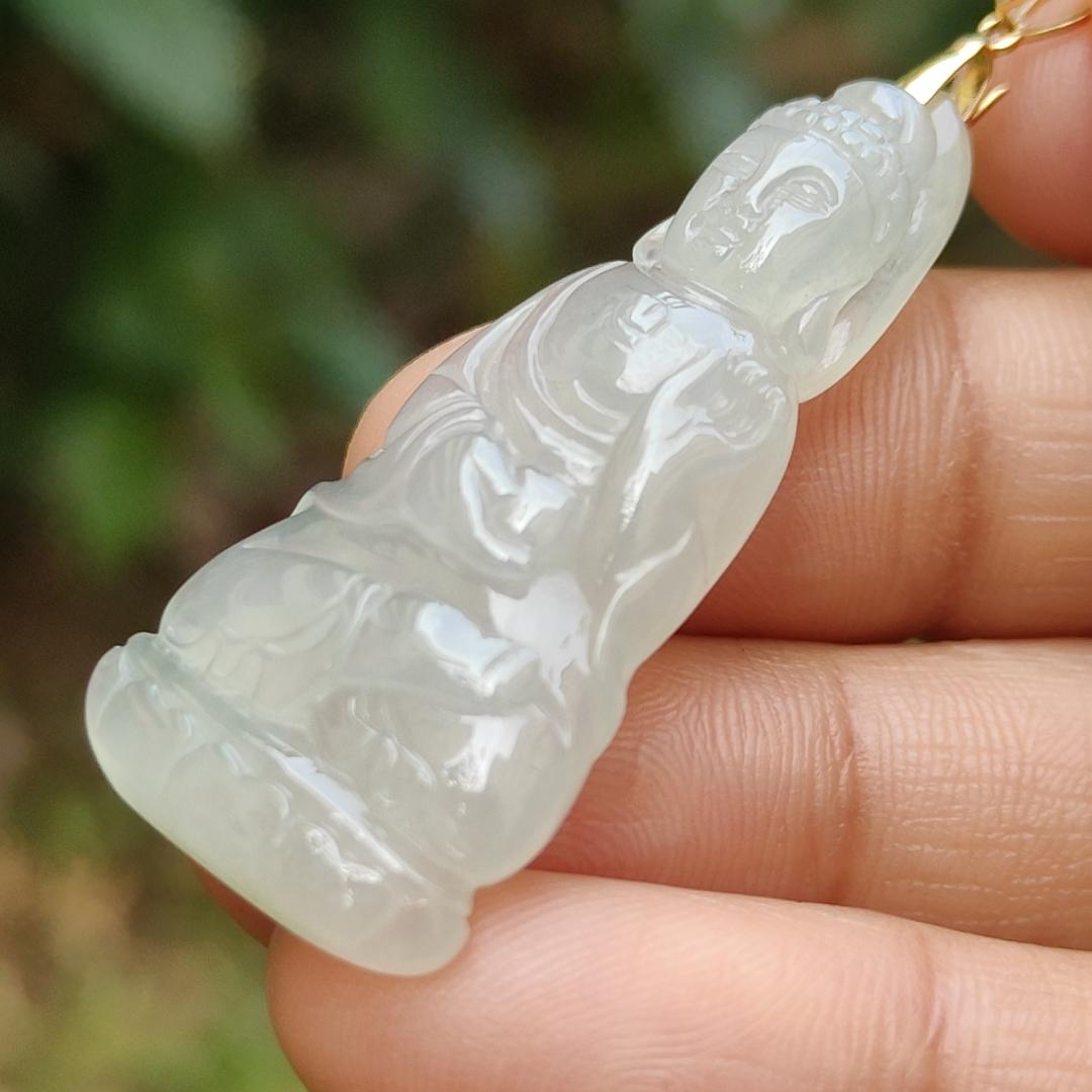 Icy Translucent Natural Type A Jadeite Jade crafted as Buddha with 18k gold clasp as Pendant, certificate weighs 6.78 grams, measurement 41.3 * 17.8 * 6.2 mm (18kp44)