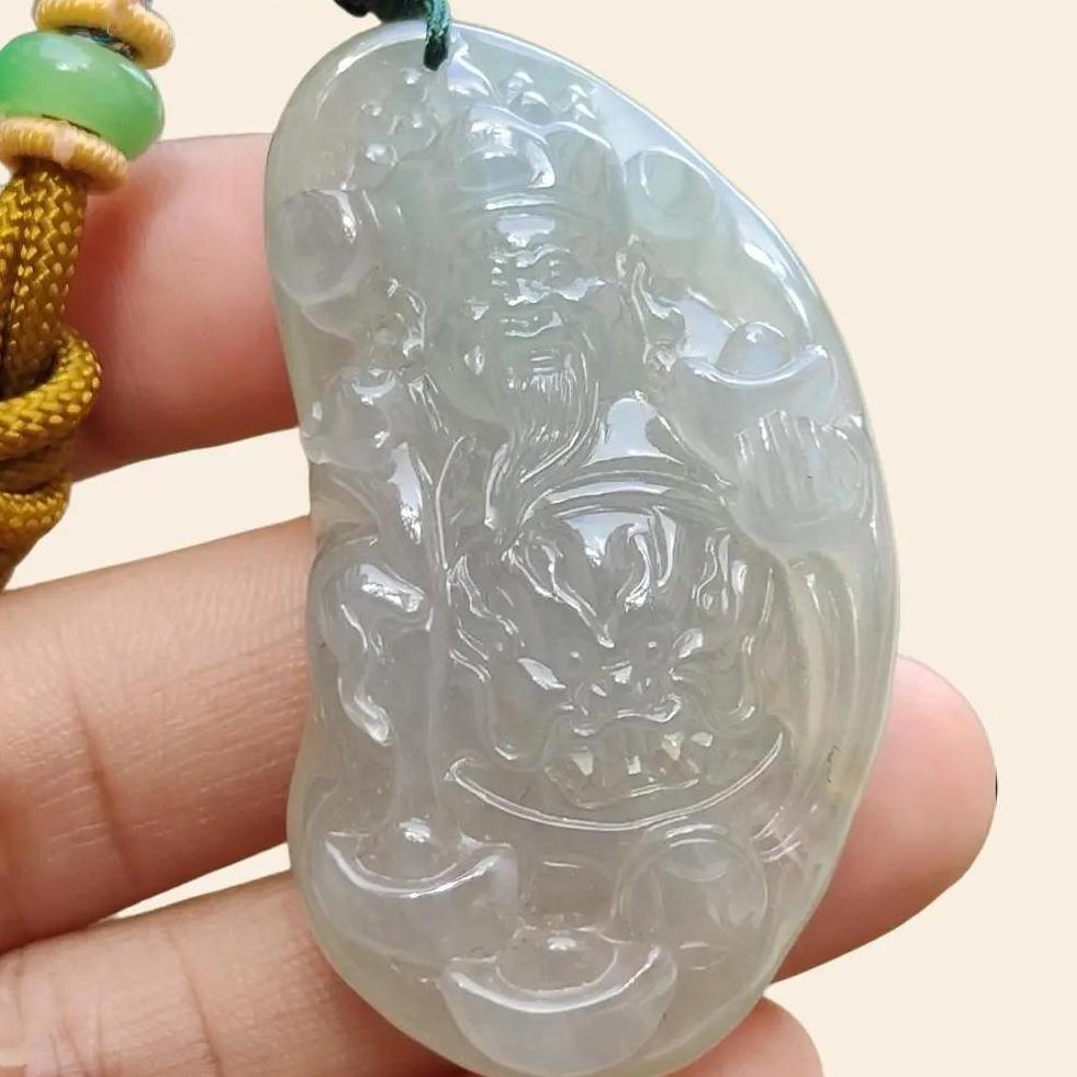 High Quality Icy Translucent Natural Type A Jadeite Jade crafted with God of Fortune as Pendant, certificate weighs 24.19 grams, measurement 48.8 * 27.3 * 10 mm (pendant274)