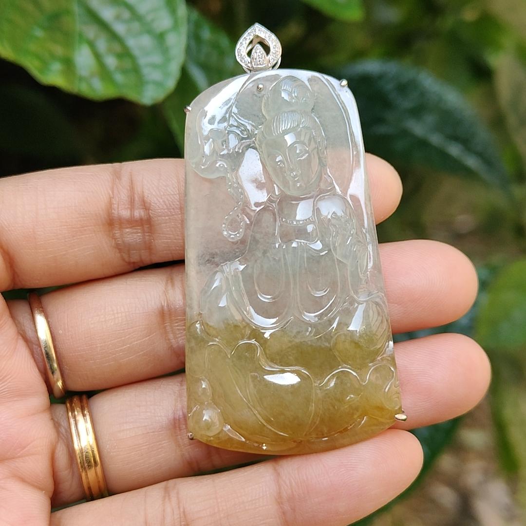 Icy Yellow Natural Type A Jadeite Jade crafted with Guanyin Seating on Lotus set with 18k gold and diamonds, certificate included weigh 18.11 grams, measurement 63.6 * 32 * 8.3 mm (18kp12)