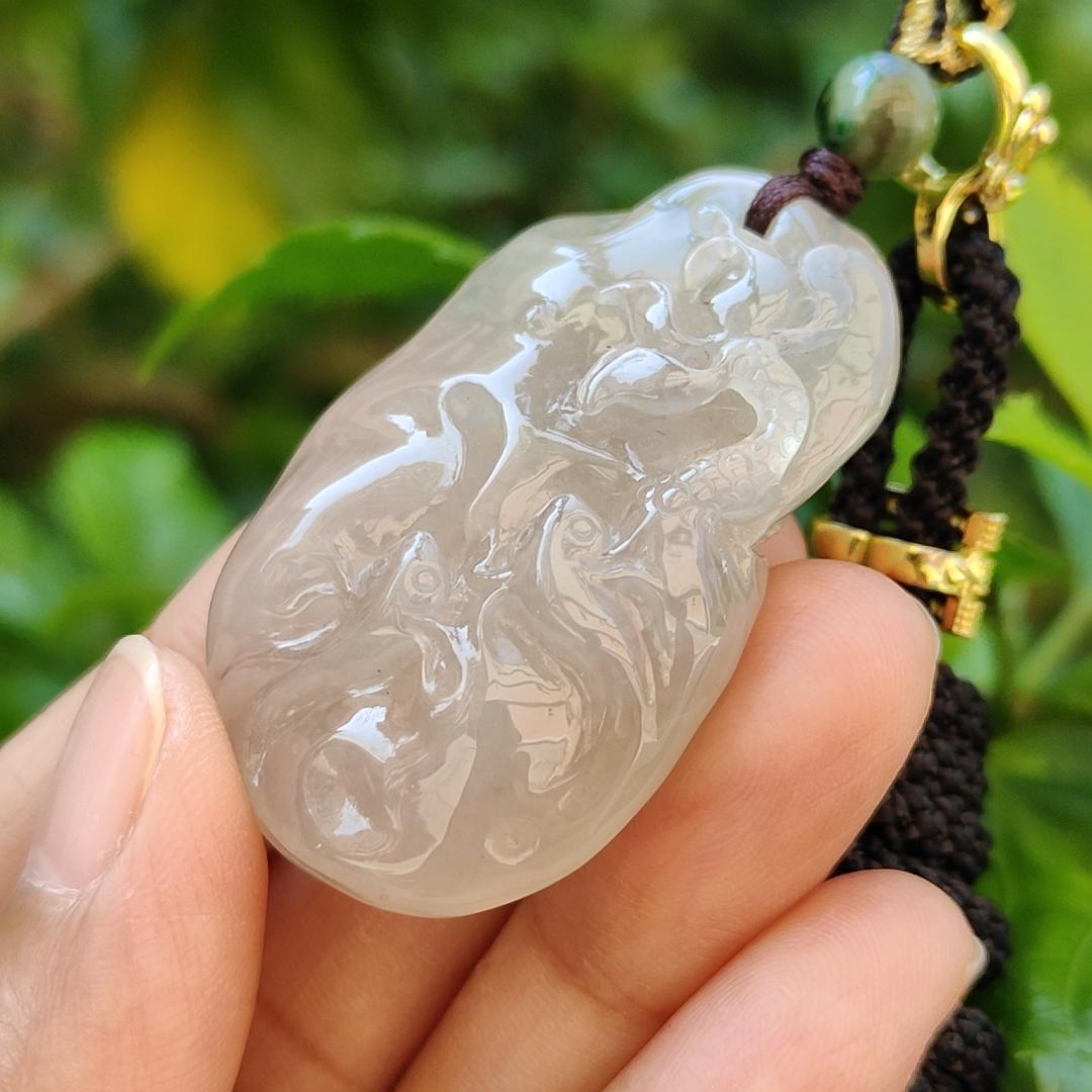 Premium High Quality Old Pit Natural Type A Jadeite Jade crafted with fish and Lotus as Pendant, certificate weigh 25.4 grams, measurement 44.2 * 28.5 * 12.3mm (pendant243)