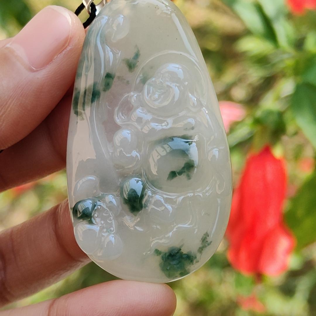 Special Sales - Rare Green Patches White with Yellow Hue Natural Type A Jadeite Jade crafter with Milo Buddha as Pendant, certificate weigh 17.2 grams, measurement 54.2 * 30.5 * 5.9 mm (pendant214)