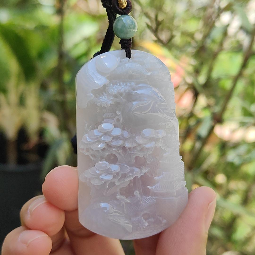 Light Lavender with red patches Natural Type A Jadeite Pendant Necklace crafted with fengshui scenery, certificate included weigh 44.44 grams, 60.8 * 36 * 9.8 mm (pendant104)