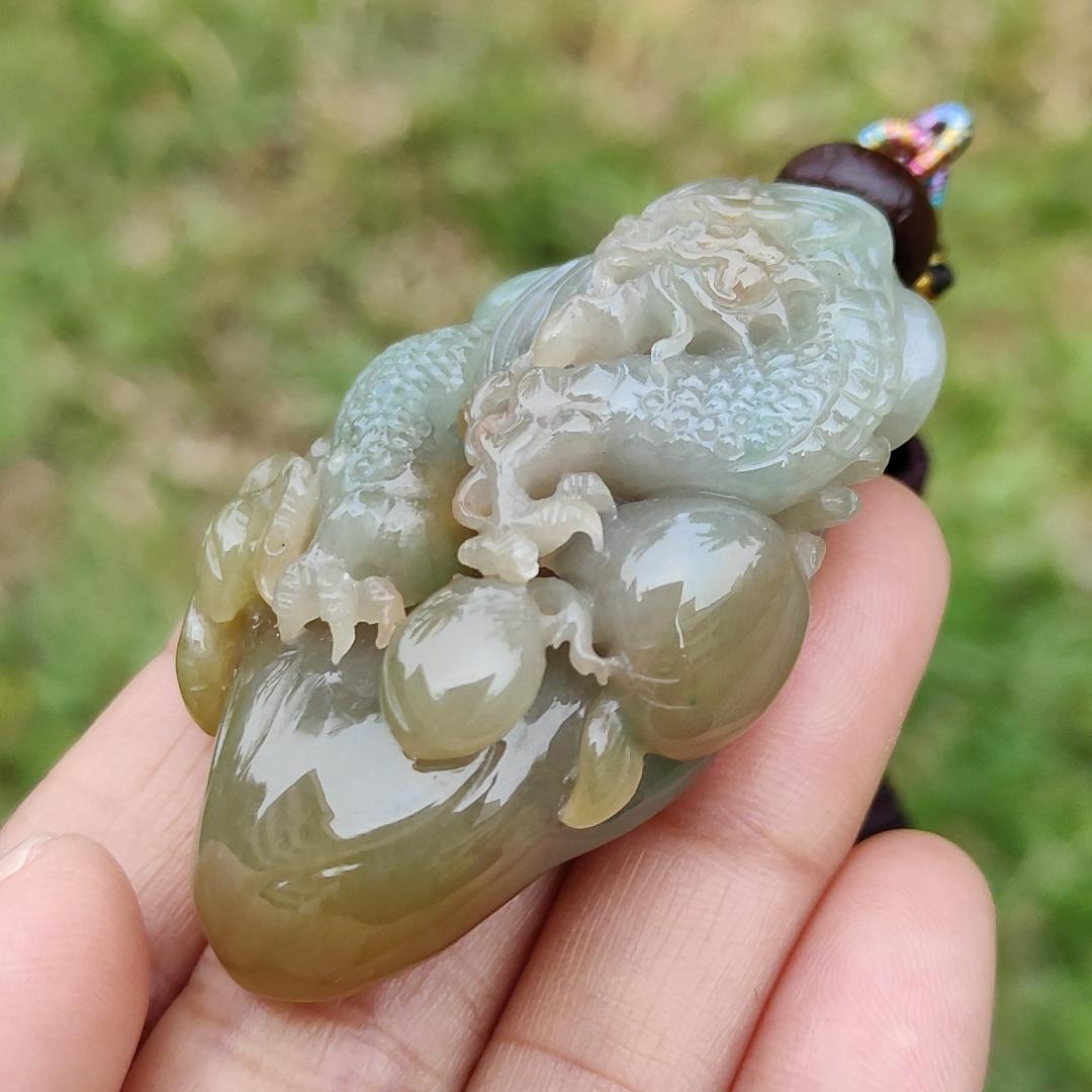 Reddish, Yellow and Green Natural Type A Jadeite Jade Pendant Necklace Crafted with Dragon and Ruyi with certificate weigh 40.57 grams, measurement 53.6 * 34.8 * 15 mm, symbols of Good luck, happiness and health (pendant189)