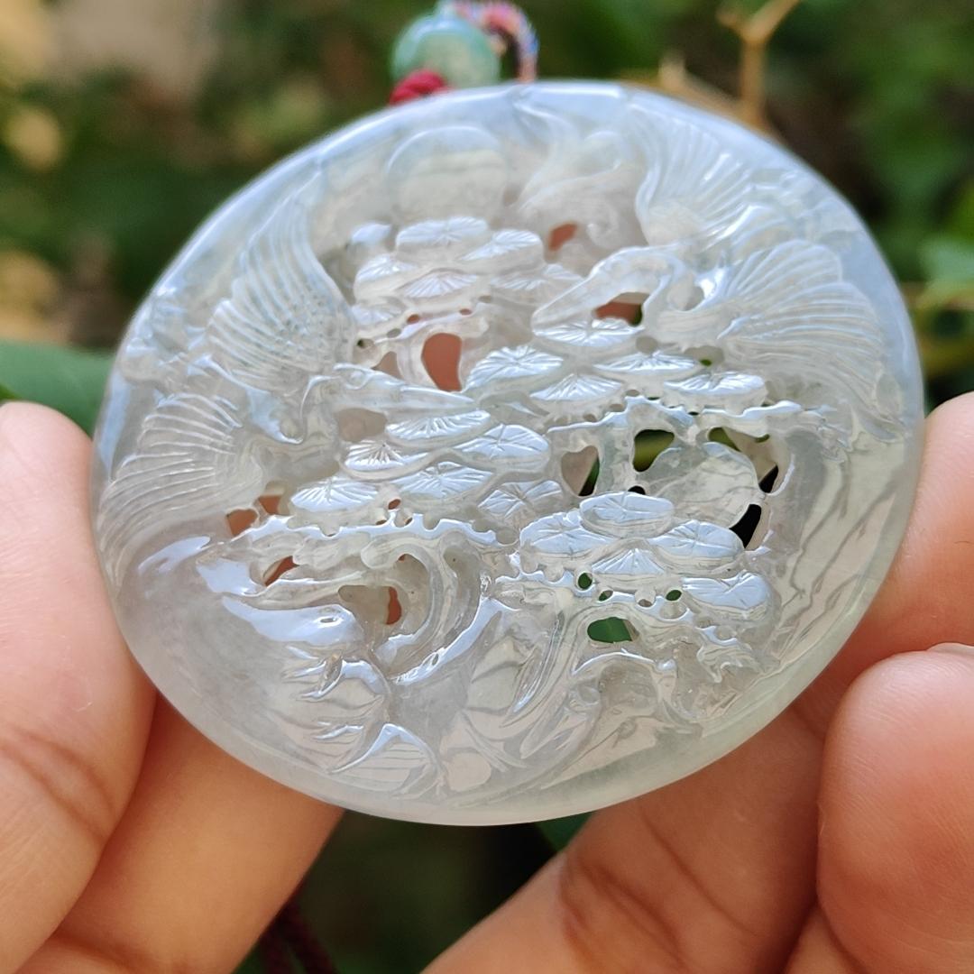 Highly Translucent Icy Natural Type A Jadeite Pendant Carved with Cranes, Pine Trees and Bamboo meaning Endurance, Perseverance and Never fading with Longevity, certificate included weighs 28.38 grams, 52.5 * 52.5 * 6.1 mm, for collection (pendant90)