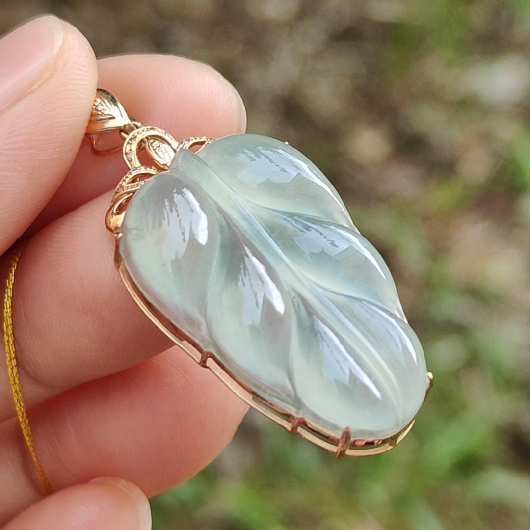 Premium Quality Icy Translucent Light Green Hue Natural Type A Jadeite Jade crafted as Leaf set on 18k Gold as Pendant, certificate weighs 5.07 grams, measurement 40.5 * 18 * 7.5 mm (18kp42)