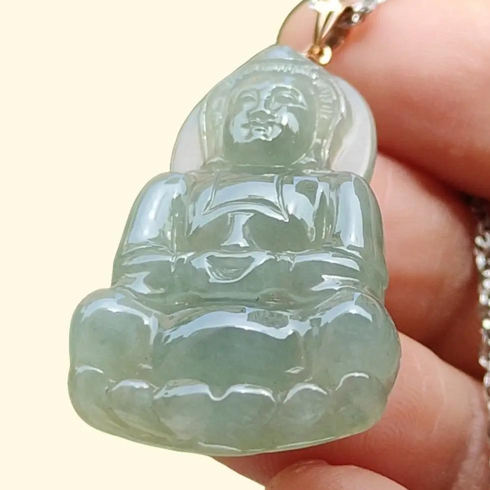 Light Green Good Translucent Natural Type A Jadeite Jade crafted with Guanyin 18k gold clasps as Pendant, certificate weighs 6.36 grams, measurement 32.2 * 21 * 5.8 mm (18kp49)