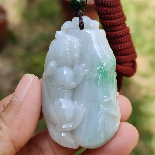 Green with yellow patches Natural Type A Jadeite Jade crafted as Bamboo with Pixiu as Pendant, certificate weigh 35.85 grams, measurement 52.3 * 31 * 12.2 mm (pendant223)