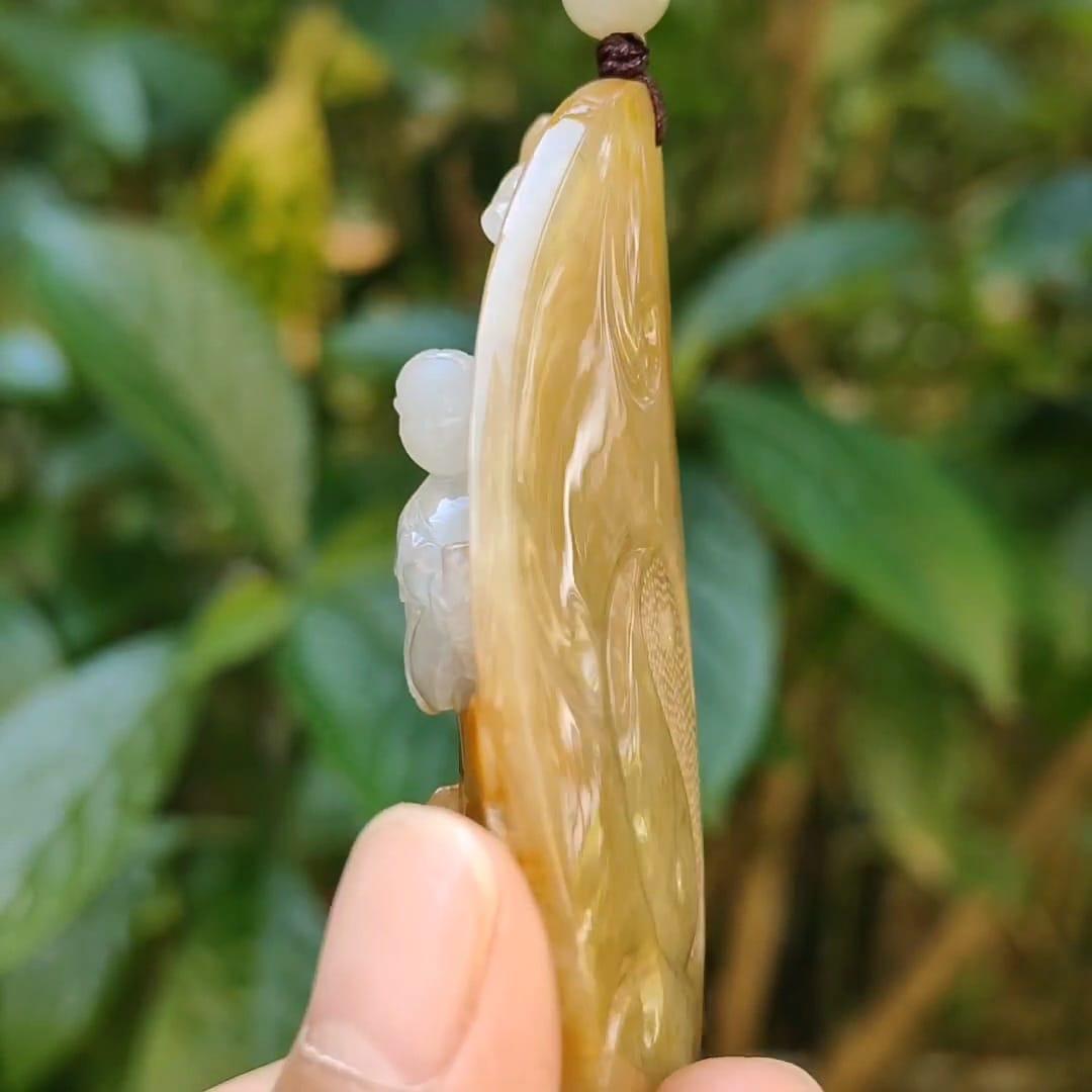 Rare Brown and White Natural Type A Jadeite Pendant carved with Laozi riding the cow with Yin and Yang, certificate included we ighs 68.76 grams, 69.10 * 48.70 * 17.20 mm, the collector's edition or daily wear (pendant94)