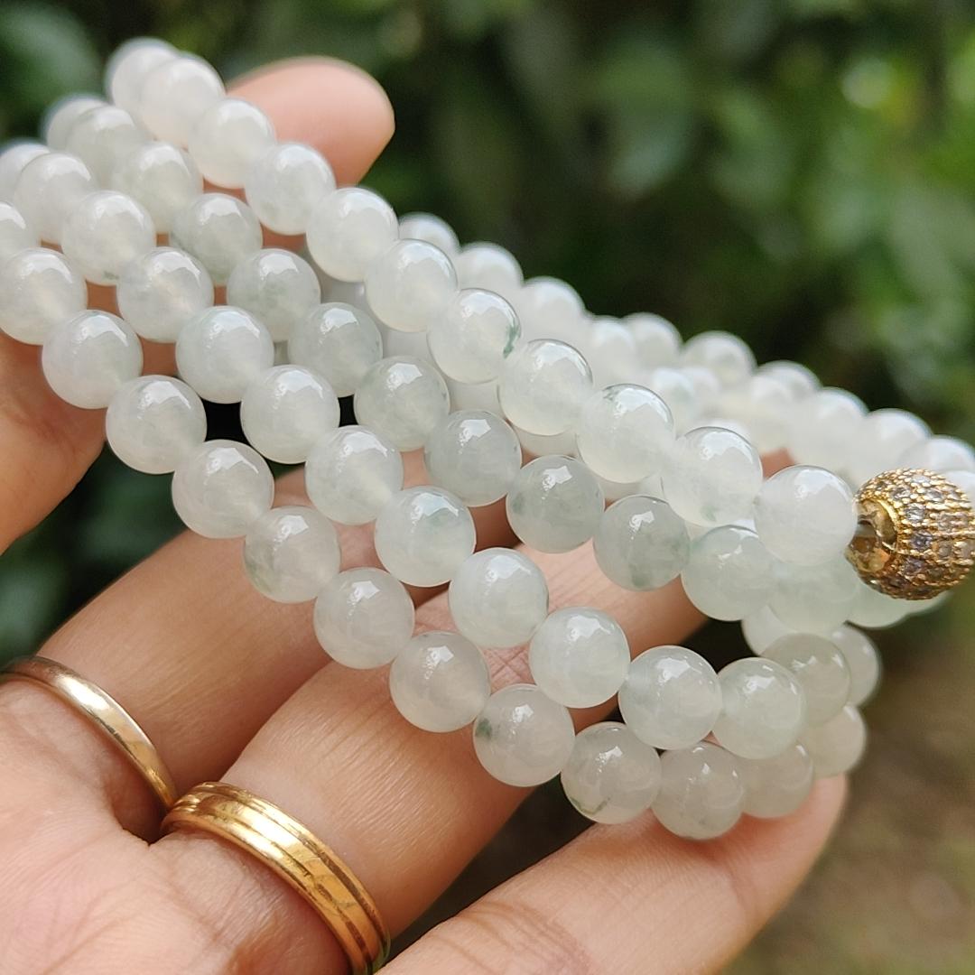 Premium Icy Translucent with Light Green patches Natural Type A Jadeite Jade crafted with 108 * 6.5 mm beads as Bracelet or Necklace, certificate weighs 52.19 grams (bracelet25)