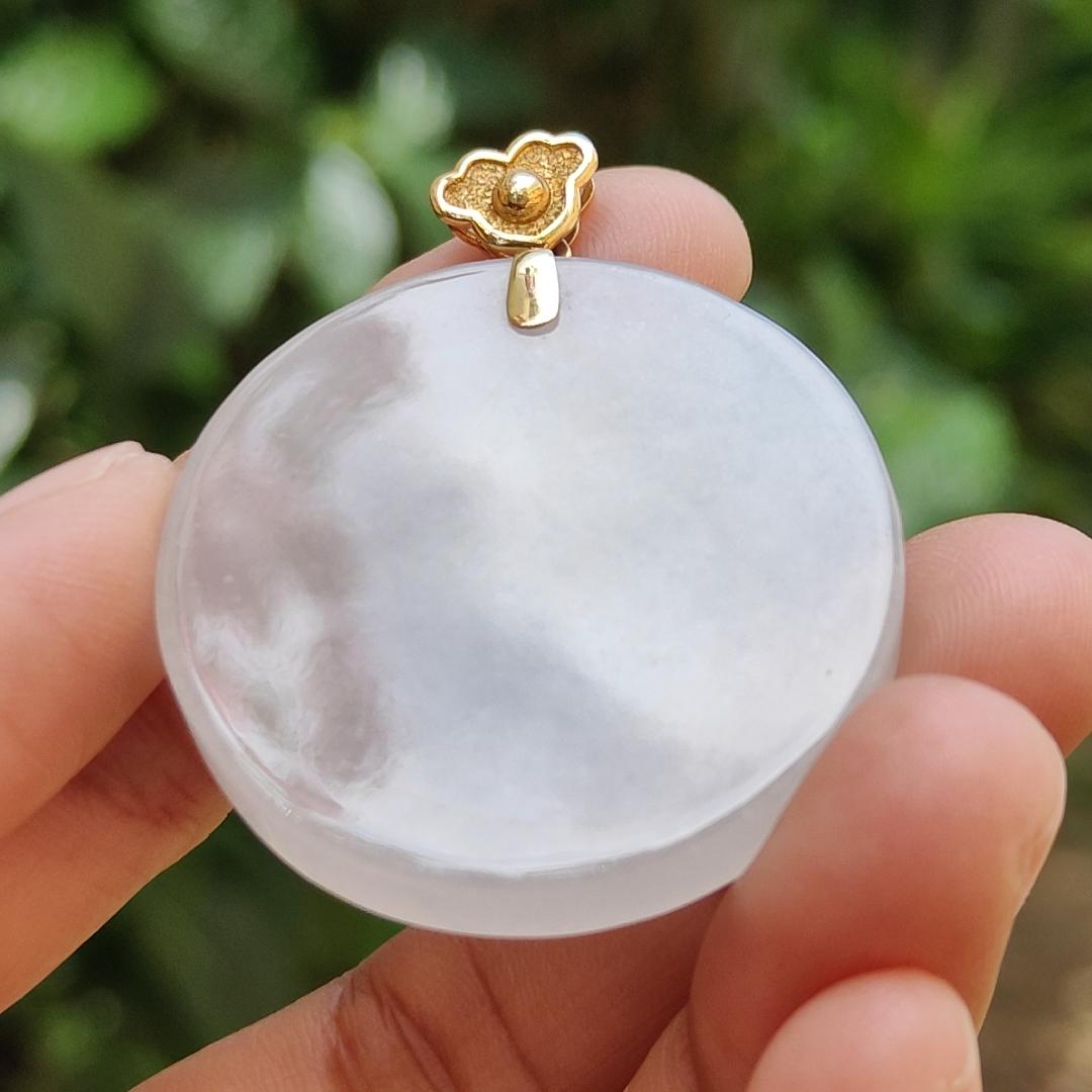 Mid-Year Special - Semi Icy Translucent Natural Type A Jadeite Jade crafted with round shape as Pendant with 18k Gold Clasp, certificate weigh 18.24 grams, measurement 35.2 * 5.5 mm (18kp32)