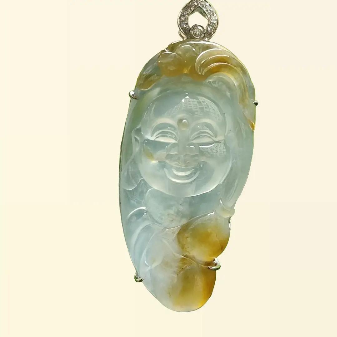 High Quality Icy Yellow Translucent Natural Type A Jadeite Jade crafted as Milo Buddha set with 18k Gold as Pendant, certificate weighs 9.1 grams, measurements 46.1 * 18.7 * 9.5 mm (18kp60)