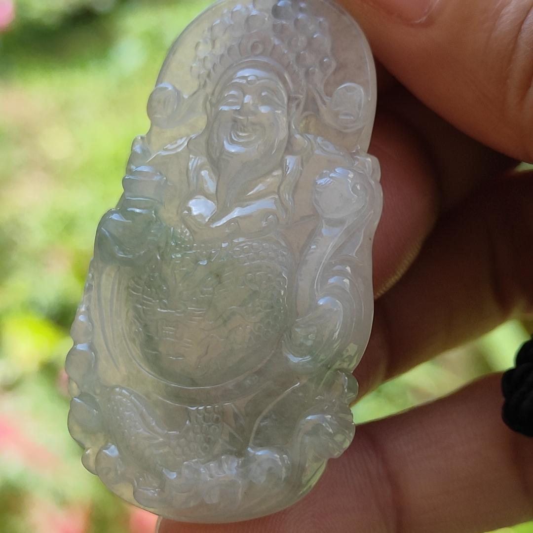 High Quality Icy Translucent Light Green Natural Type A Jadeite Jade crafted with Fortune God as Pendant, certificate weighs 16.37 grams, measurement 50.8 * 29.2 * 6 mm (pendant265)