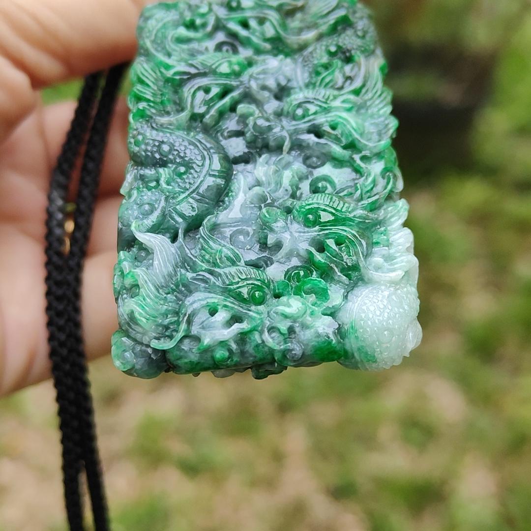 Lots of Green with Wuji carved as nine dragons Natural Type A Jadeite pendant with certificate weight 45.16 grams, 60.30 * 35.30 * 9.90 mm suitable for daily wear (pendant120)