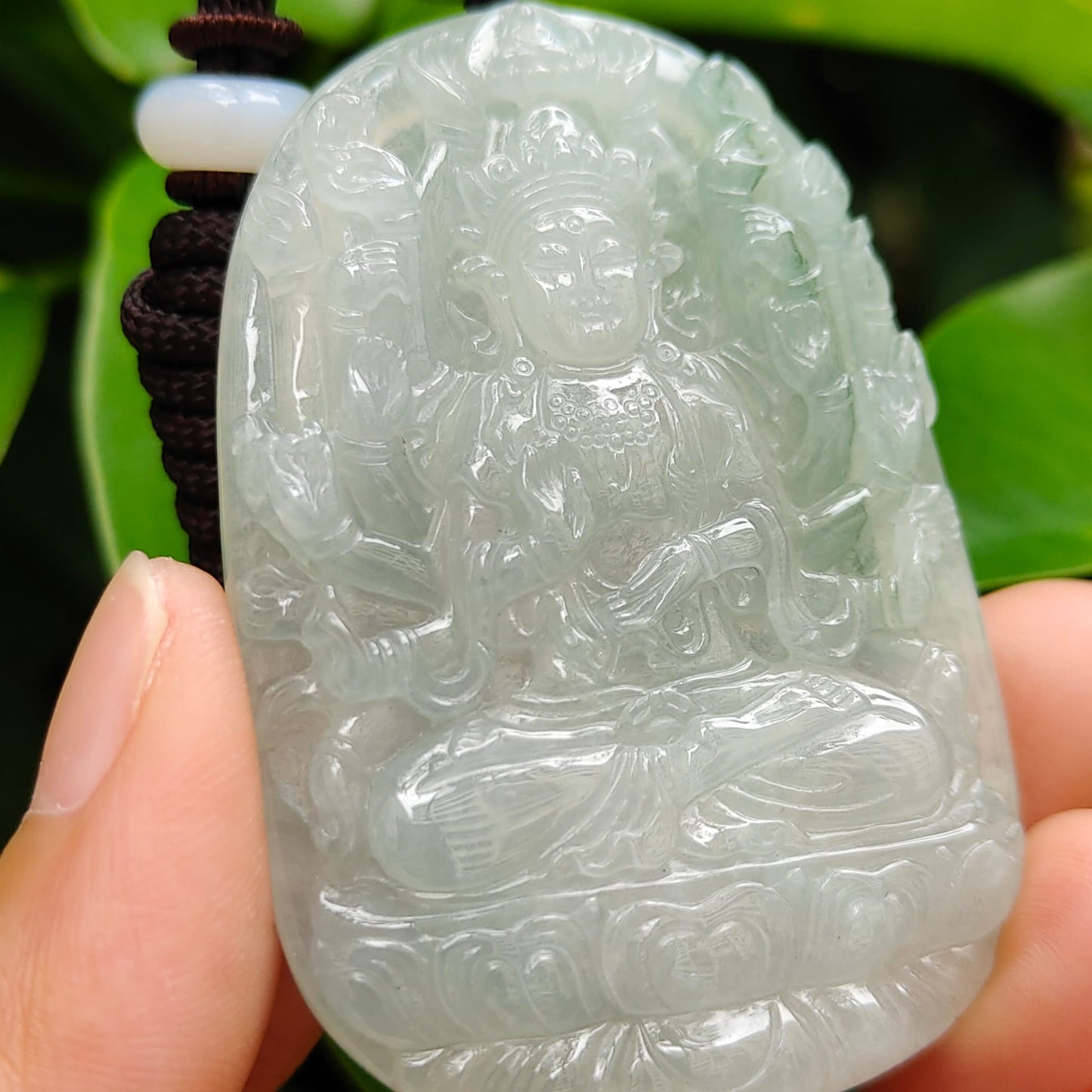 High Quality Light Green Hue Good Translucent Natural Type A Jadeite Jade crafted with Thousand Hands Guanyin as Pendant, certificate weighs 31.12 grams, measurement 57.6 * 38.4 * 6.8 mm (pendant293)