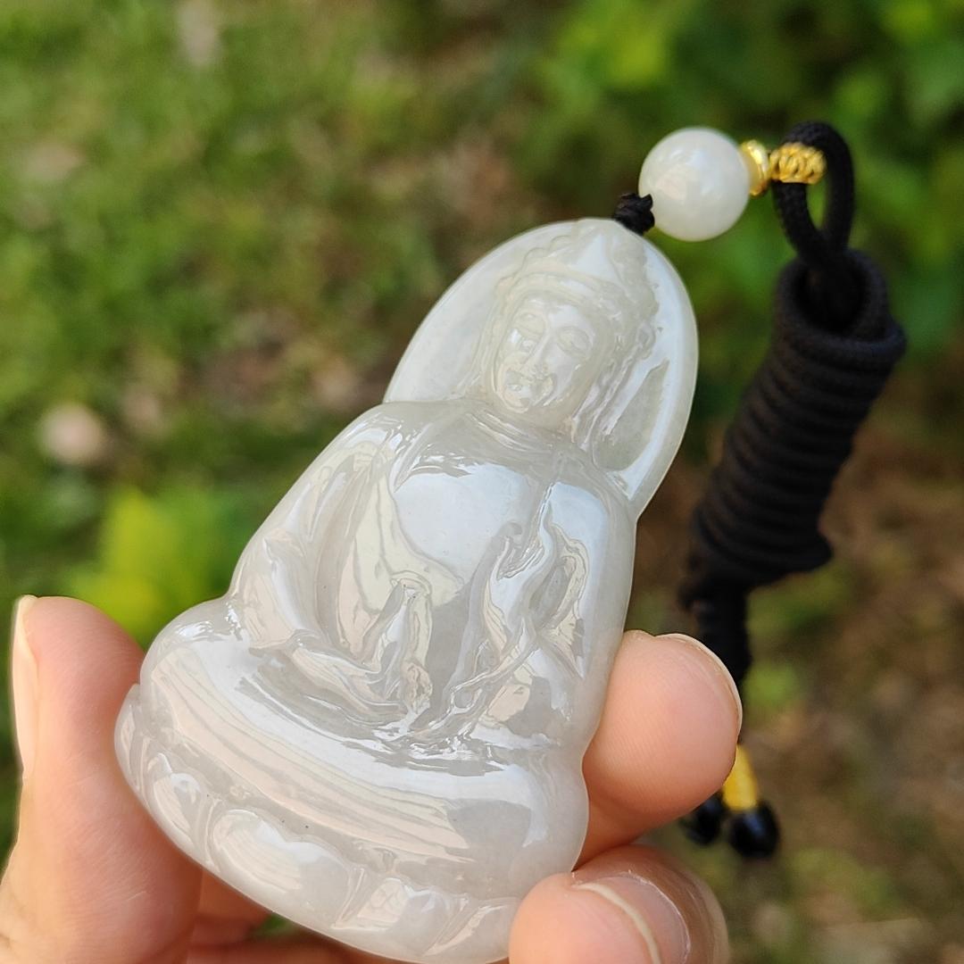 Semi Icy Natural Type A Jadeite Pendant carved as Guanyin with certificate weighs 23.87 grams, 60.3 * 37.1 * 6.2 mm, represents Compassion, wisdom and peace, suitable for daily wear (pendant83)