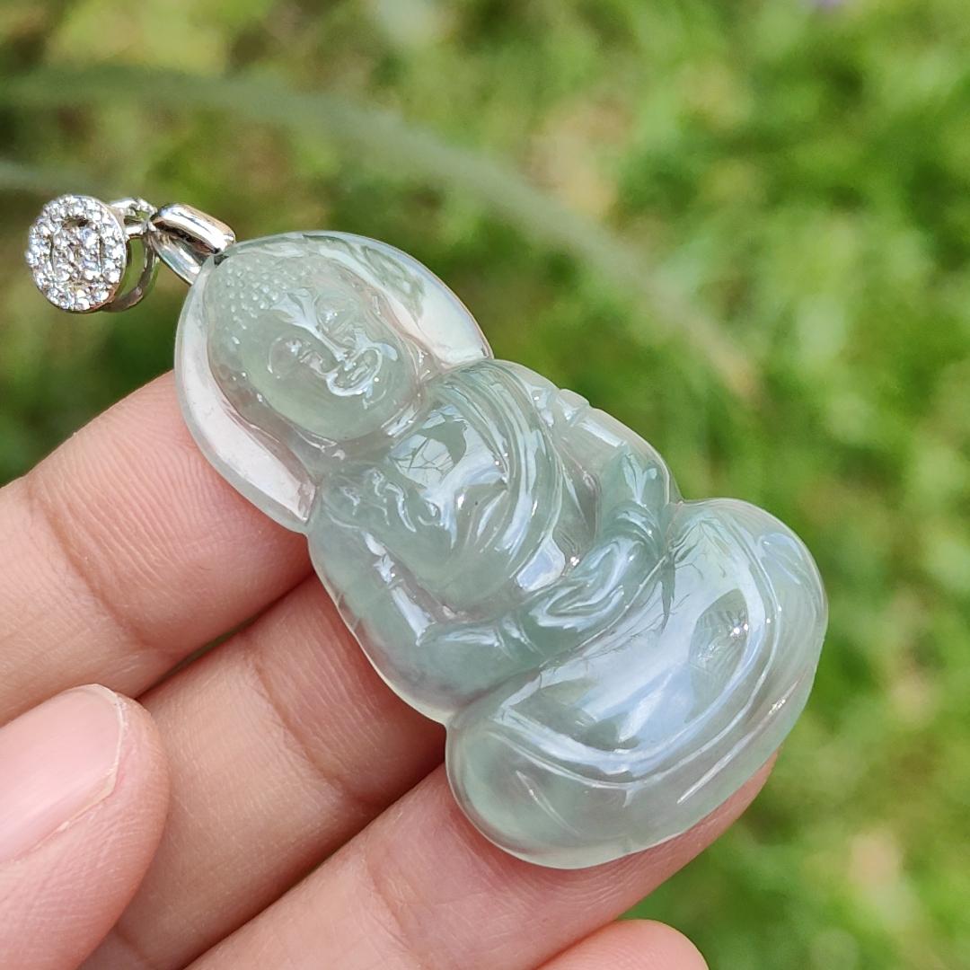 Premium Icy Good Translucency Green Hue Natural Type A Jadeite Pendant Necklace crafted as Buddha with certificate weigh 8.65 grams, 42.5 * 23.8 * 5.8 mm, collectible jadeite suitable for daily wear