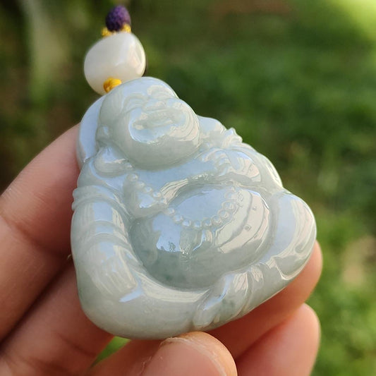 Light Green with green patches Natural Type A Jadeite Jade Pendant Necklace crafted as Laughing Buddha with certificate weigh 36.66 grams, 40.3 * 37.5 * 15 mm (pendant165)