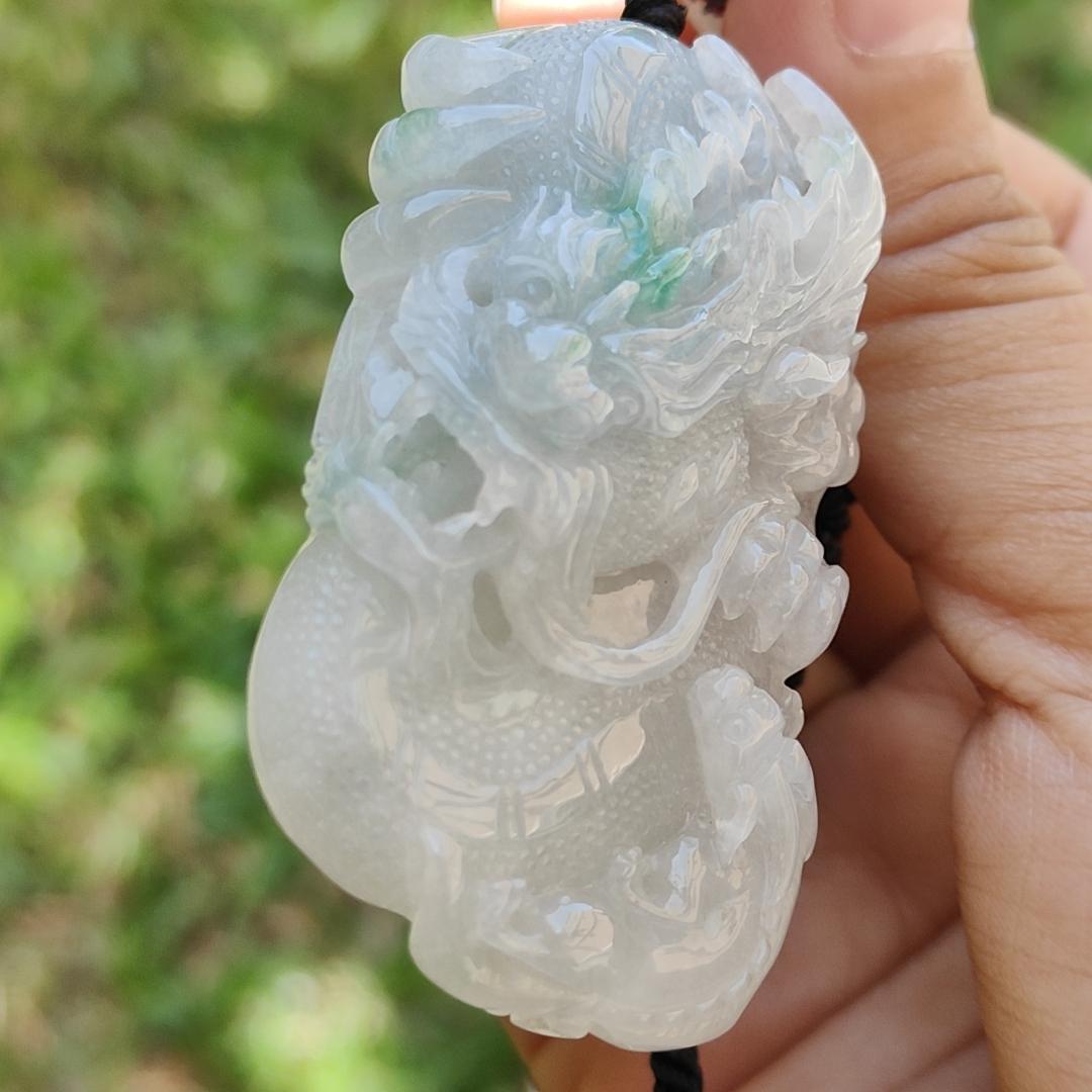 High Quality Semi Icy Translucent Light Green Light Lavender Natural Type A Jadeite Jade crafted with Dragon as Pendant, certificate weighs 35.24 grams, measurement 55.7 * 33.3 * 13.3 mm (pendant264)