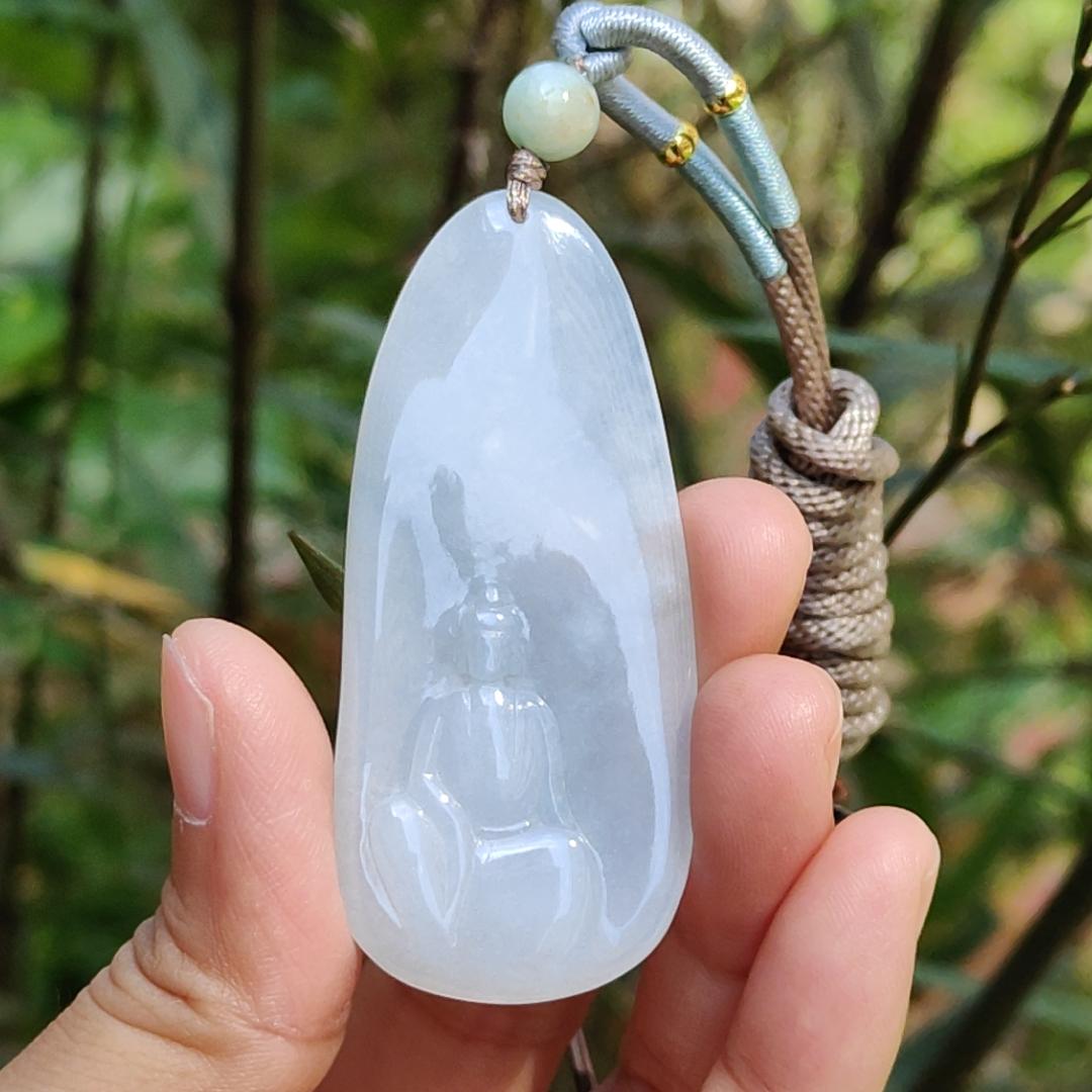 Crafted as the faceless buddha Semi Icy Natural Type A Jadeite Pendant Necklace with certificate weigh 14.03 grams, 58 * 26 * 4.9 mm, suitable for daily wear