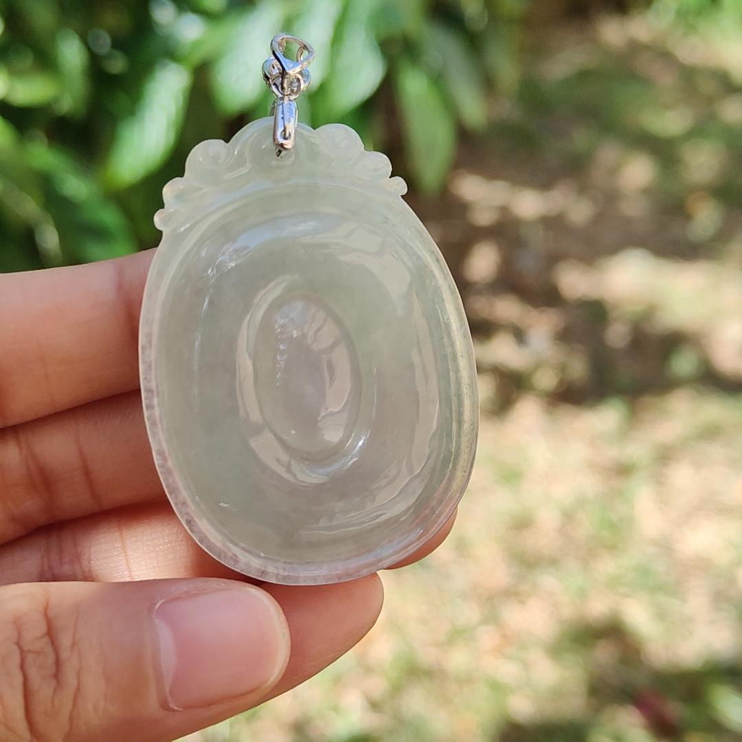 Good Quality Light Green Hue Icy Natural Type A Jadeite Jade crafted with Fobe as pendant, meaning Good luck, happiness, wealth and honor, certificate weigh 19.03 grams, measurement 50.2 * 36.3 * 6.2 mm (pendant234)