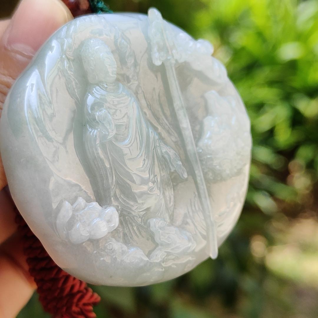 High Quality Light Green Hue Natural Type A Jadeite Jade crafted with Ksitigarbha Bodhisattva as Pendant, certificate weighs 70.75 grams, measurement 54.6 * 54.6 * 12.6 mm (pendant232)