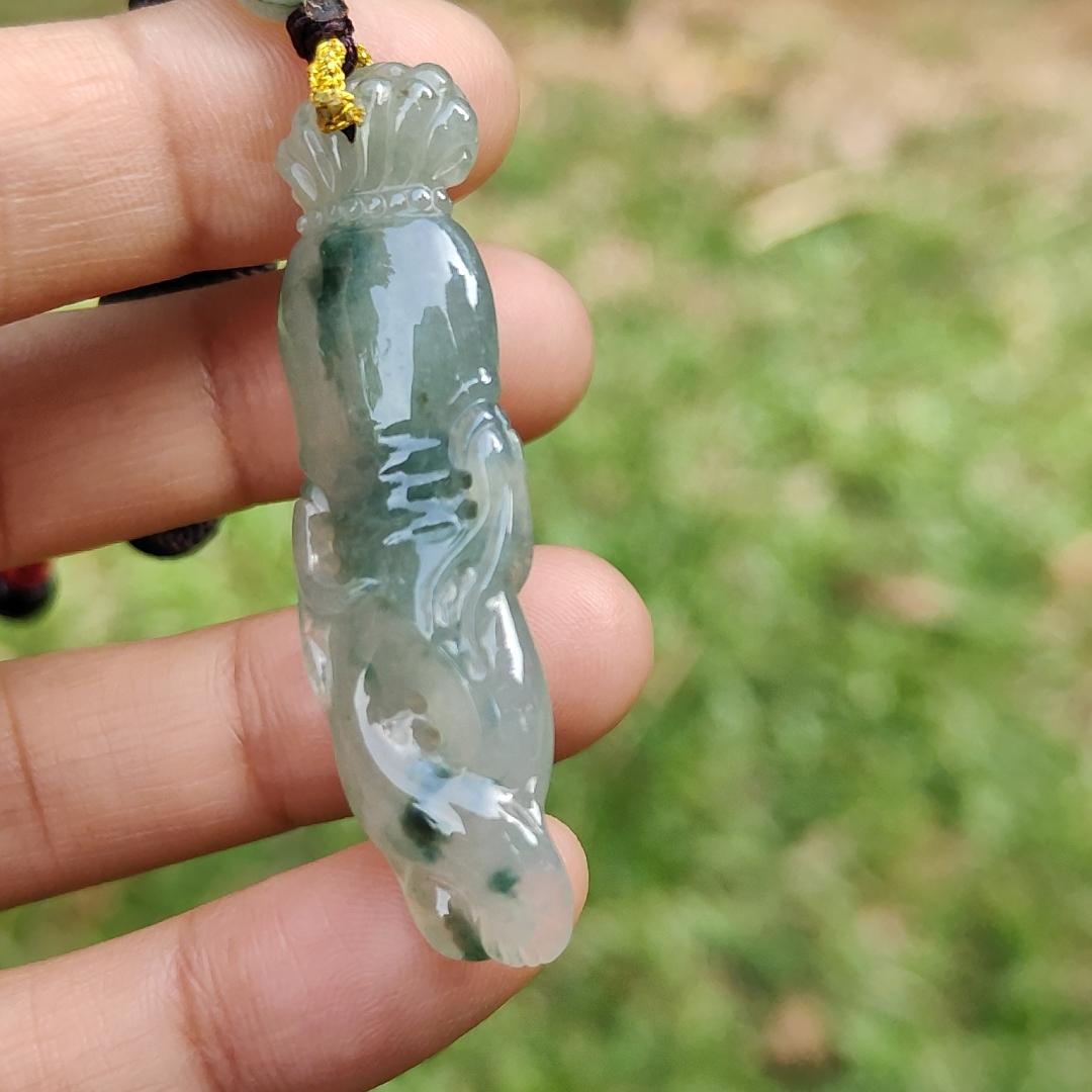 High Quality Light Green with Green Natural Type A Jadeite Jade crafted with shape of Ginseng as Pendant, certificate weighs 7.63 grams, measurement 48.2 * 12.7 * 7.1 mm (pendant277)