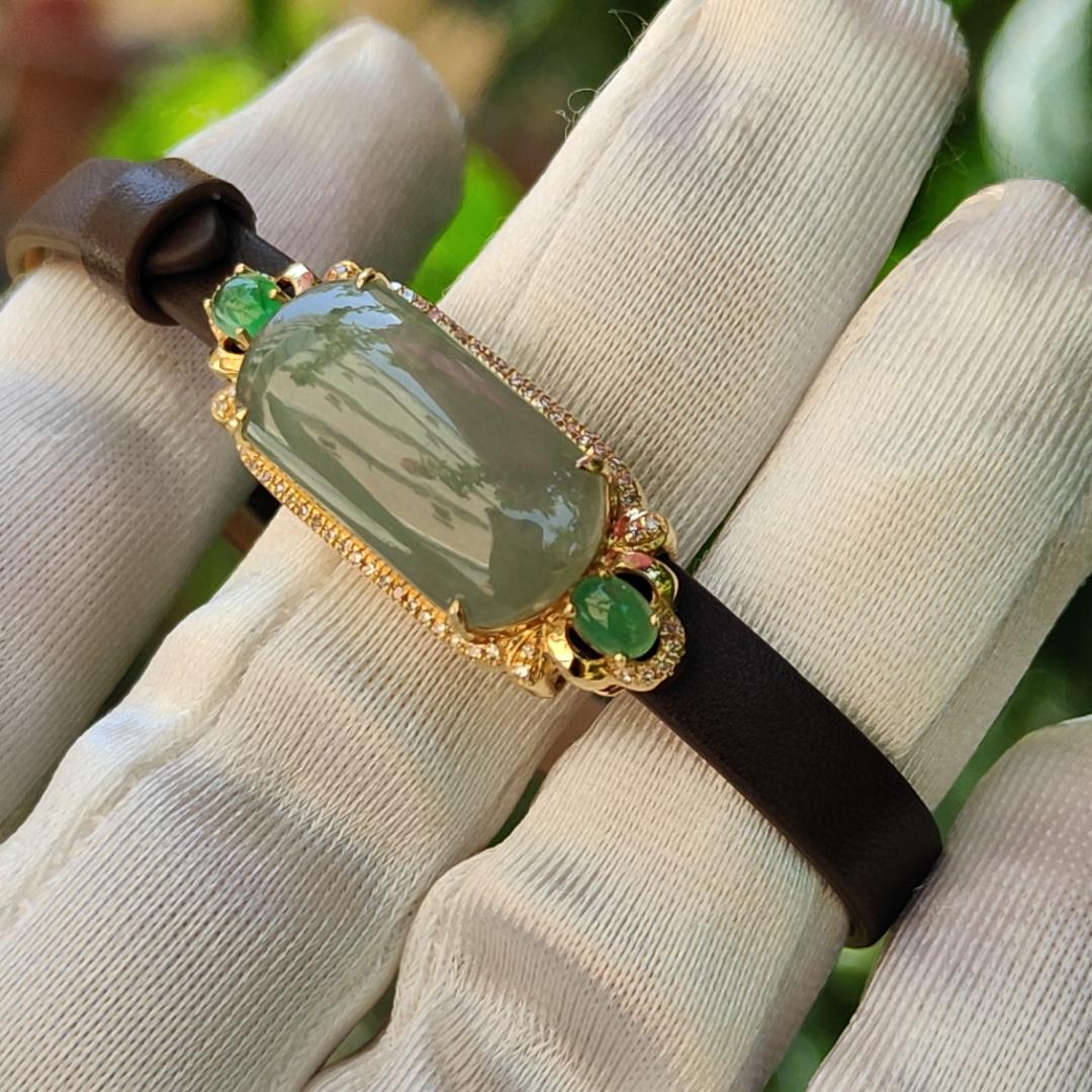 High Premium Quality Natural Type A Jadeite Jade with 3 cabochons set on 18k gold with diamonds as wrist bracelet or pendant, certificate weigh 4.39 grams (18kpw4)